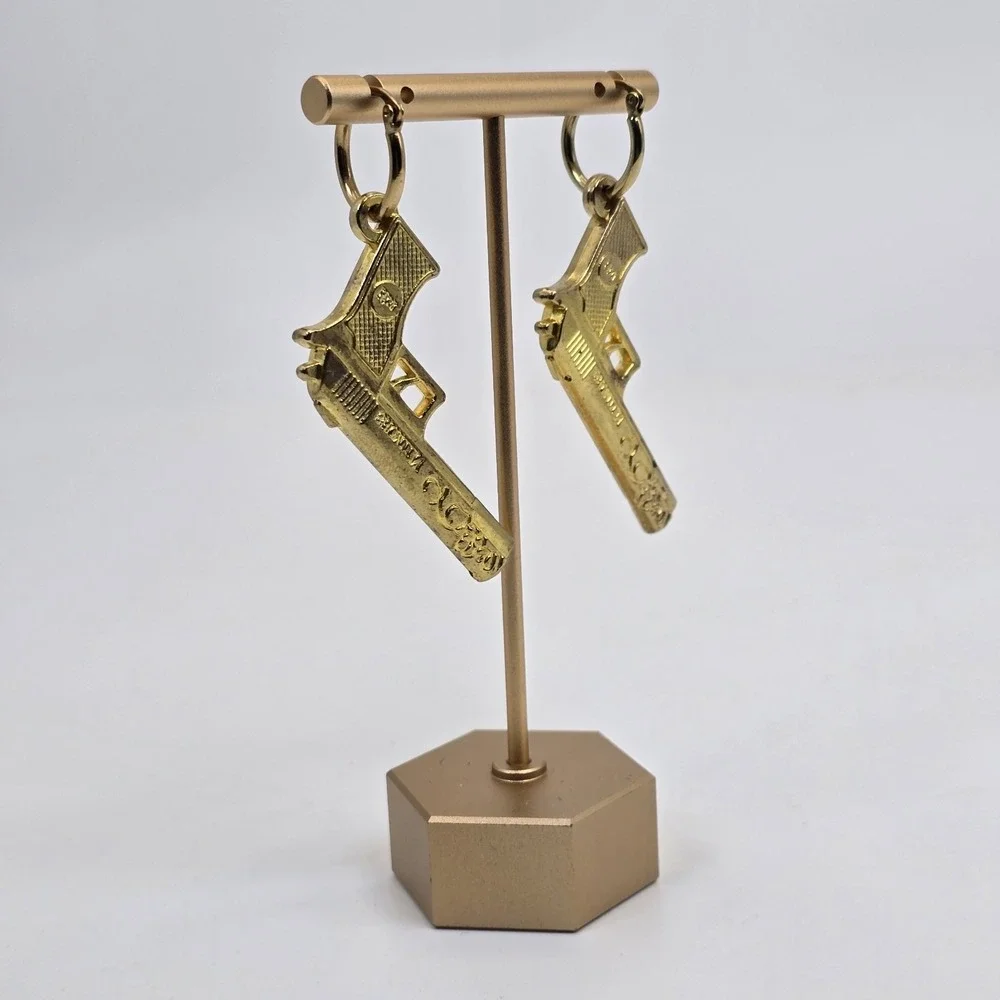 Vintage Gold Tone Pistol Gun Dangle Earrings Novelty Statement Western Cowgirl